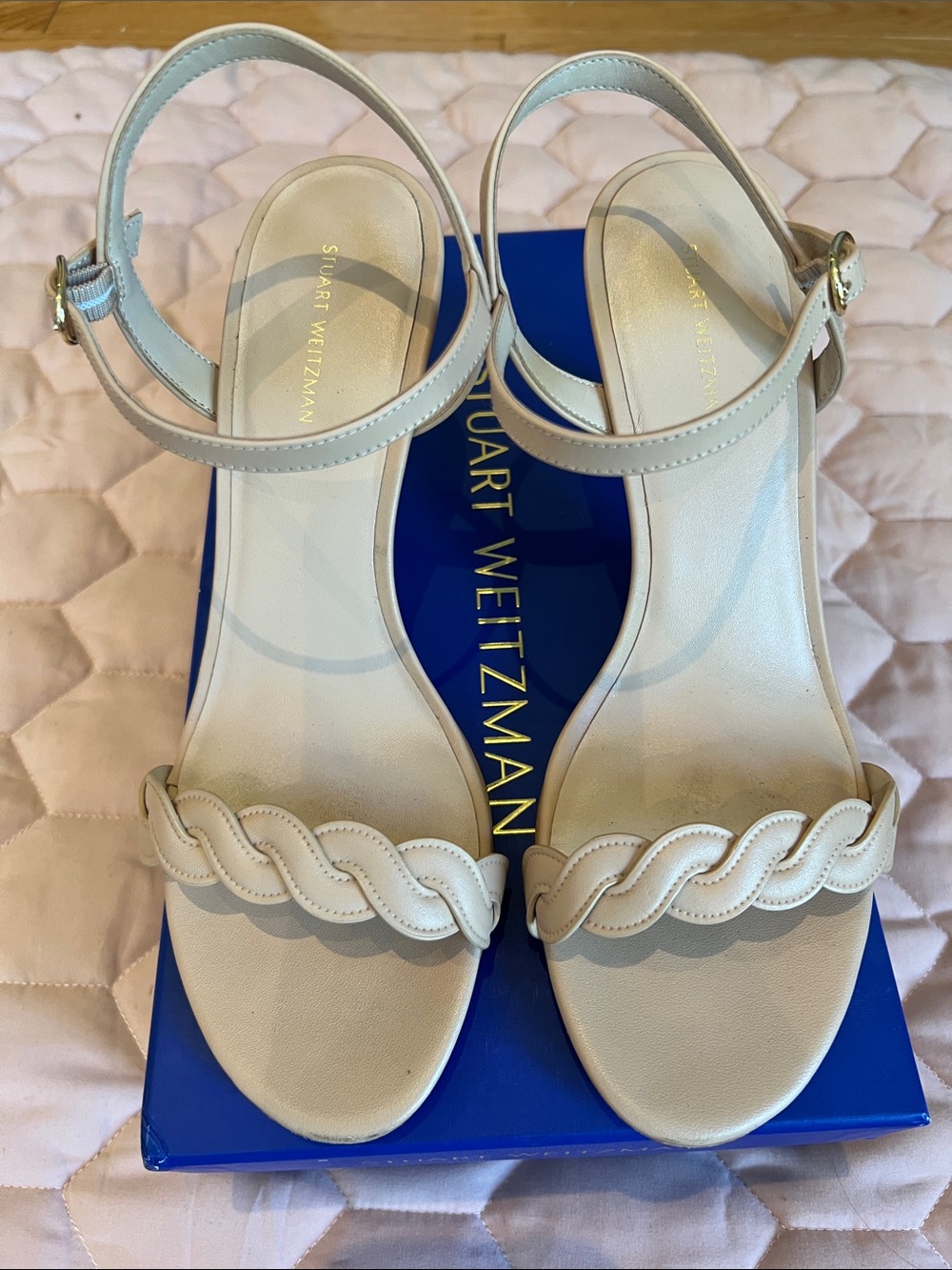 PERFECT for BRIDESMAID Stuart Weitzman Cream Braided Strap Ankle Sandals